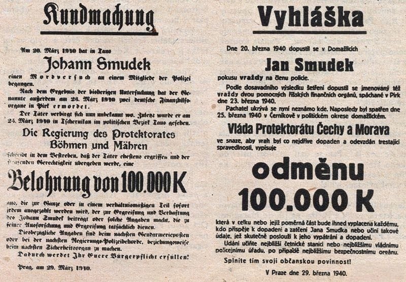 Odměna 100 000 K za polapení a zatčení odbojáře Jana Smudka