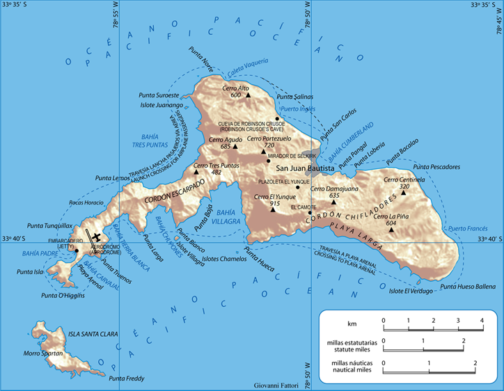Mapa ostrova Robinsona Crusoe, kde Selkirk strávil čtyři roky Mapa ostrova Robinsona Crusoe, kde Selkirk strávil čtyři roky